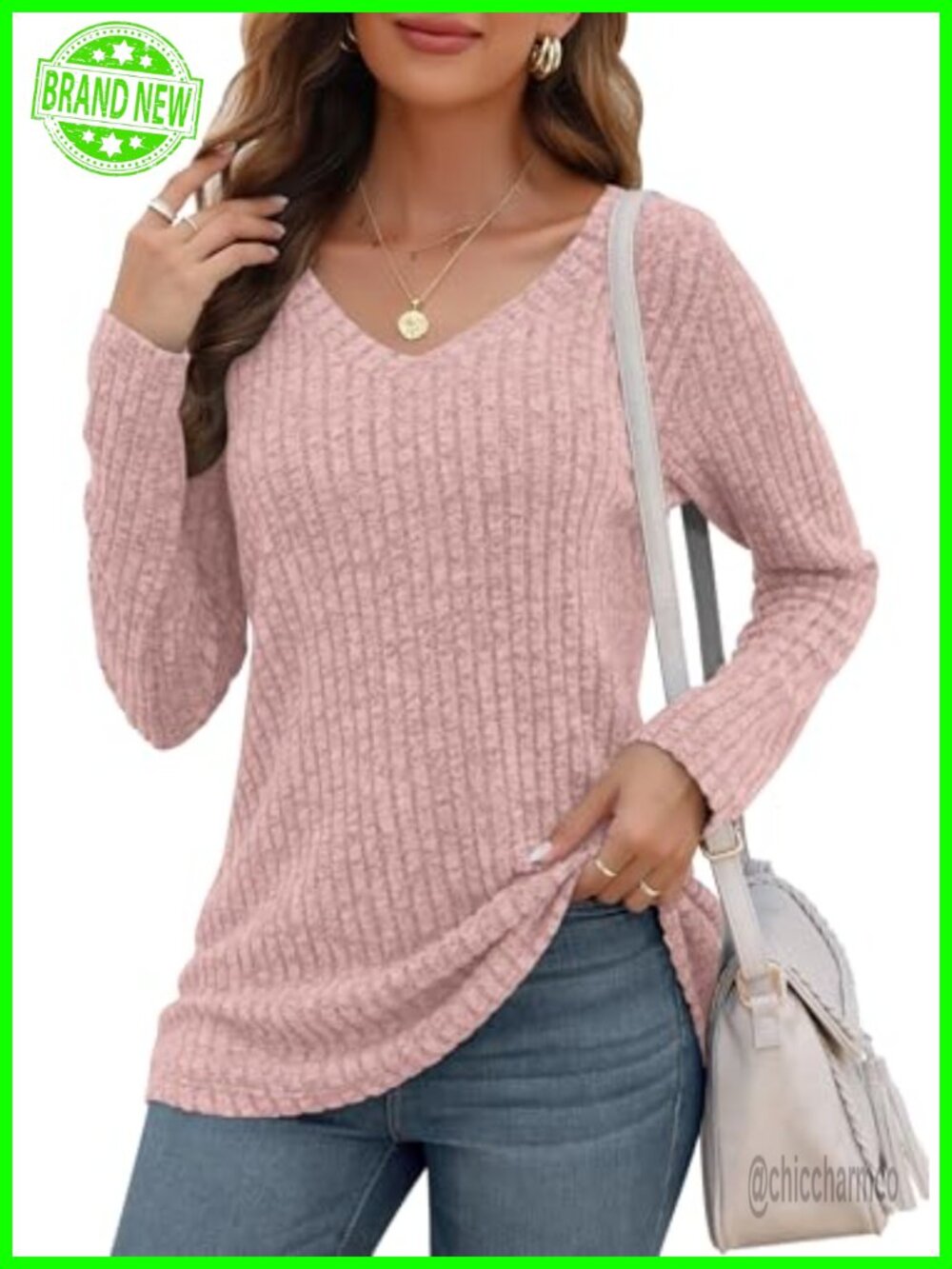 Womens Long Sleeve Tunic Top V Neck Soft Stretchy Casual Blouse
